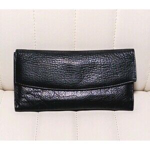Vtg Wilsons Pebble Leather Black Fold Wallet Snap Closure Clear Slot Check Book